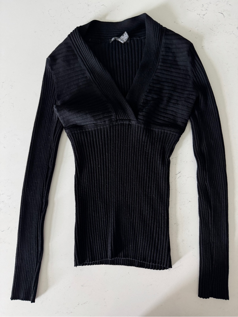 INC International Concepts Black Ribbed V-Neck Long Sleeve
